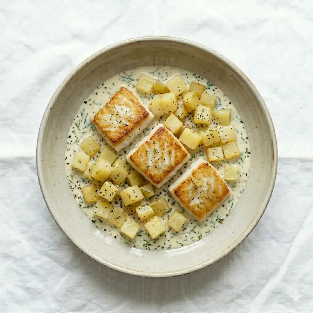 Pan-Seared Fish With Boiled New Potatoes & Dill Cream